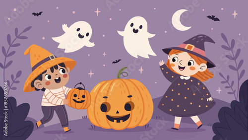 Whimsical halloween scene featuring cheerful cartoon children dressed as a witch and wizard holding pumpkins accompanied by playful ghosts and a large jack o' lantern set against a starry night sky