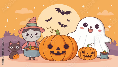 Adorable halloween cartoon characters including a friendly ghost a witchy cat wearing a hat and apron holding a treat bucket and a cheerful pumpkin with a carved face set against a large full moon