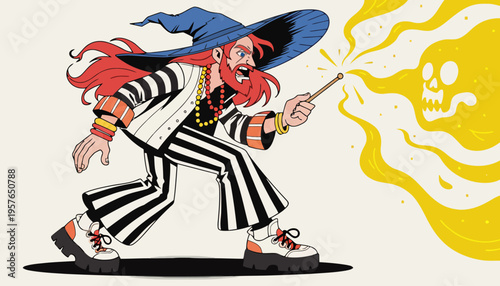 Whimsical male sorcerer with flowing red hair and a vibrant blue wizard hat conjures a fiery skull with a magic wand showcasing a playful energetic fantasy scene with bold graphic style and striking