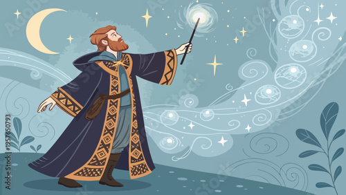 Whimsical male sorcerer with a flowing beard and ornate robe conjures sparkling magic with a glowing wand under a crescent moon and starry night sky surrounded by swirling mystical energy