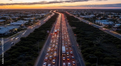 Busy Highway Traffic Jam At Dusk Captures Urban Congestion And Cityscape