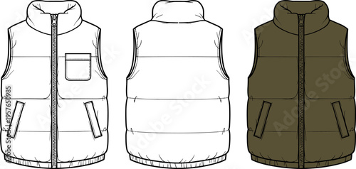 Puffer Vest Technical Sketch, Men's Sleeveless Quilted Jacket Flat Illustration, Front and Back View