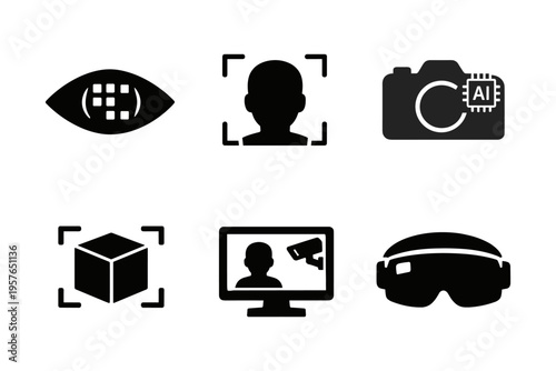 AI, facial recognition, camera, eye scan, object detection, security, augmented reality, technology, monitoring, smart glasses, solid black icon set vector illustration