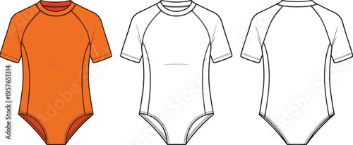 Short Sleeve Raglan Bodysuit Rash Guard Technical Flat Illustration, Kids One Piece Swimsuit Vector Design