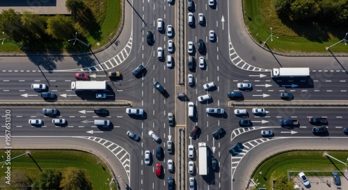 Busy Intersection Aerial View Capturing Urban Traffic Flow Dynamics