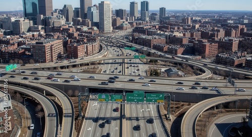 Busy Interstate Highway Interchange With City Skyline Backdrop