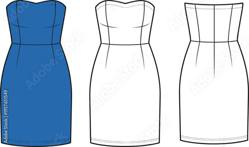 Strapless Bodycon Mini Dress Fashion Technical Sketch, Flat Vector Illustration of Sweetheart Neckline