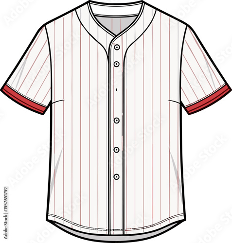 White Pinstripe Baseball Jersey Illustration, Red Trim Short Sleeve Sports Uniform Flat Vector Template
