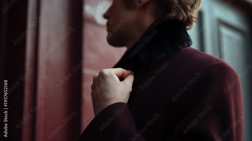 © A2Z AI  - Stylish man adjust coat collar against a warm toned background, partial view, showing elegant fashion and a contemplative mood outdoors