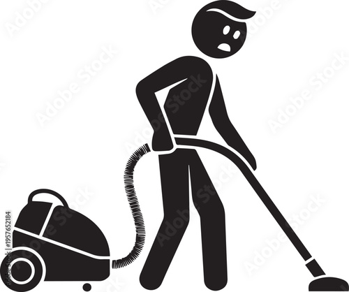 Black silhouette of person using vacuum cleaner to sweep floor isolated on white background depicting household chores and domestic work