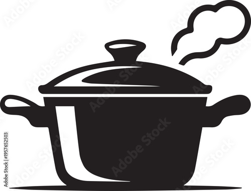Steaming cooking pot with lid on, hot food preparation, kitchen utensil, black and white graphic icon.