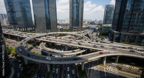 Busy Urban Cityscape With Complex Overpass Network And Modern Skyscrapers