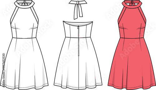Women's Halter Neck Mini Dress Fashion Technical Sketch, Sleeveless A-Line Summer Dress Flat Illustration