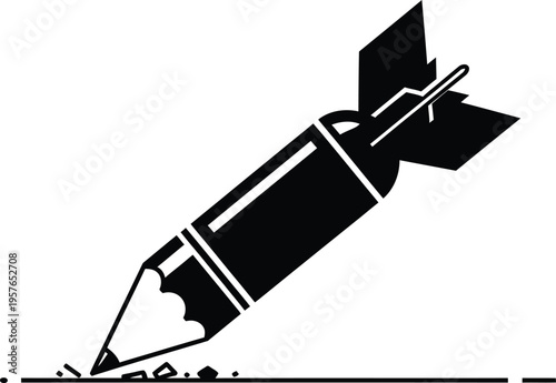 Creative black and white vector illustration of a pencil shaped like a bomb drawing a line, symbolizing powerful ideas and impact.