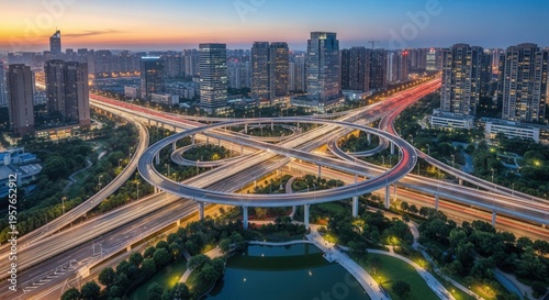 Busy Urban Highway Interchange at Dusk With Light Trails