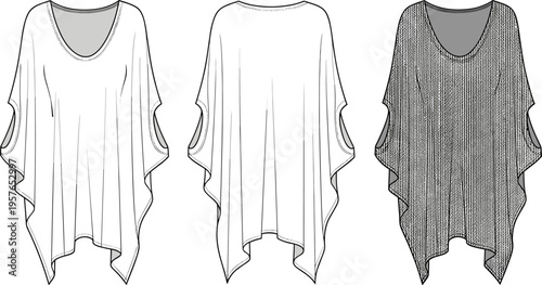 Women's Loose Fit Poncho Tunic Technical Sketch, Oversized V-Neck Kaftan Flat Illustration Vector