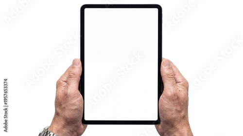 hands holding a blank tablet with white screen mockup isolated on white background, Isolated on Transparent Background, png.