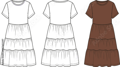Women's Tiered Midi Dress Fashion Flat Sketch, Short Sleeve T-Shirt Dress Technical Illustration
