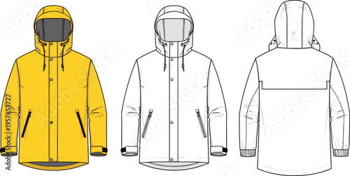 Yellow Raincoat Technical Sketch, Waterproof Hooded Jacket Flat Vector Illustration for Fashion Tech Pack