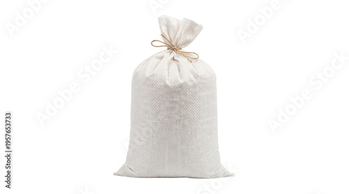 White woven plastic sack tied with string, full sandbag or grain sack mock up, Isolated on Transparent Background, png.