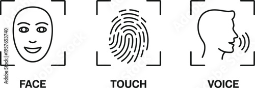 Biometric Authentication Icon Set Featuring Face Recognition Touch ID Fingerprint and Voice Command Security