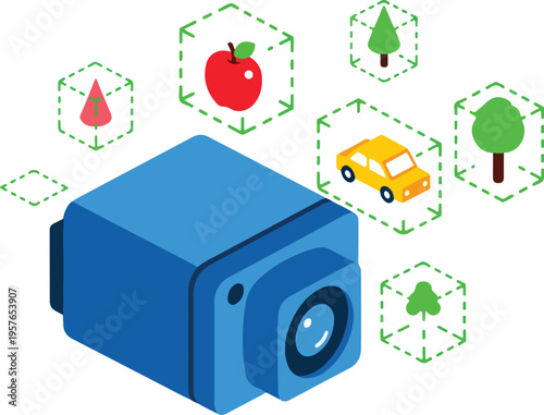  Isometric Blue Computer Vision Camera Detecting Objects with Bounding Boxes Vector