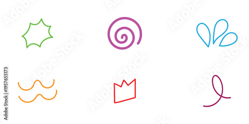 Colourful isolated modern decorative items icon set on white background. Doodle art on white background. Hand drawn doodle vector symbol set. Different colour doodle outline brush set on white page. 