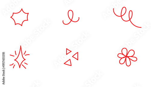 Red isolated modern decorative items icon set on white background. Doodle art on white background. Hand drawn doodle vector symbol set. EPS 10. 