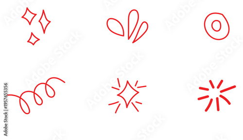 Red isolated modern decorative items icon set on white background. Doodle art on white background. Hand drawn doodle vector symbol set. EPS 10. 