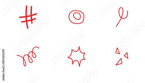 Red isolated modern decorative items icon set on white background. Doodle art on white background. Hand drawn doodle vector symbol set. EPS 10. 