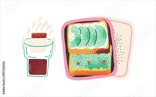 A lunch box with avocado toast, a glass of drip coffee. Homemade takeaway snacks. Healthy food and drinks