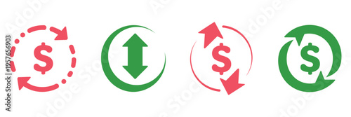 Dollar price up and down icon, line style vector illustration, showing dollar coin with up and down arrows, money cost growth and decline, currency investment, flat design