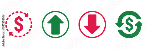 Dollar price up and down icon, vector illustration of dollar coin with arrow indicators, representing currency fluctuations