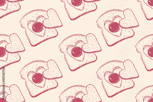 Toast and fried egg seamless pattern in hand drawn breakfast style