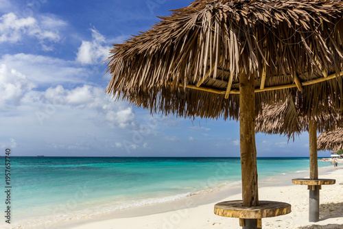 Fényképezés Tropical Divi Beach Aruba Landscape with Traditional Straw Palapas and Turquoise