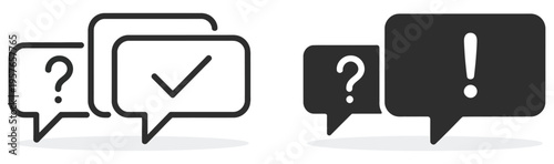 Quiz, time game icon featuring black and white vector logo, poll contest and survey bubble with question mark pictogram, line outline stroke art style, modern flat illustration for competition,
