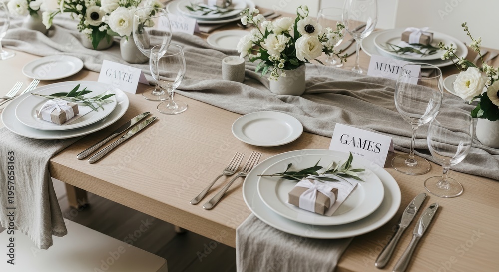 Fototapeta premium Elegant wedding table setting with white flowers and gift boxes for guest. Decorative banquet arrangement with porcelain plates, glassware and name cards on wooden table at reception.