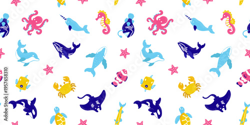 colorful seamless pattern with hand drawn sea animals octopus dolphin whale and crab on white background for kids fabric and nursery decor