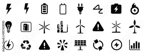 Electricity and energy icon set, vector glyph pictograms of lightning bolt, battery, plug, solar panel, wind turbine, power, renewable energy, and electrical safety, black silhouette illustration for 