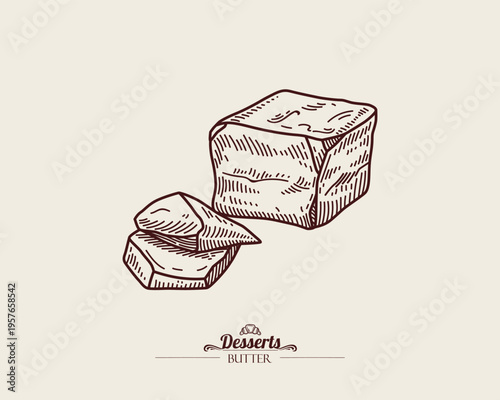 Bit of butter with cutted ​​pieces. Graphic drawing. Vector linear illustration, sketch style.