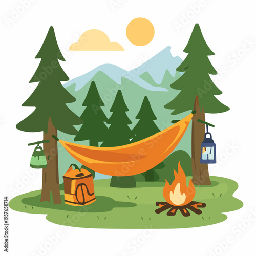 Flat vector forest campsite with orange hammock, campfire, lantern and mountains, conveying relaxation, glamping comfort, outdoor leisure, summer adventure, and nature retreat.