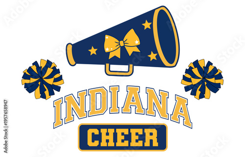 Indiana Cheer School Spirit Illustration with Megaphone, Pom Poms, and Bow in Blue and Gold Colors