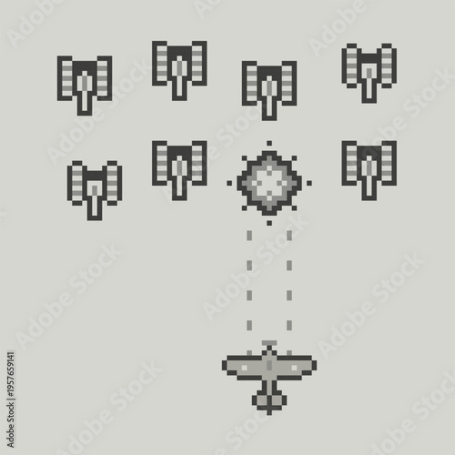 Retro Game scene of 8-bit arcade Pixel Art poster. Military Shooter Arcade Gameplay screen with air plane battle vs tanks of retro 80s - 90s pixel video game style. Editable vector template