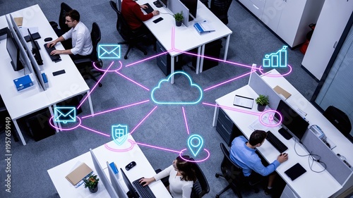 Cloud Computing Data Network Concept Overlay on Modern Office Workspace with Professional Employees Working at Computers