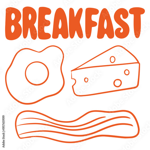 Breakfast set with fried egg cheese bacon simple doodle illustration