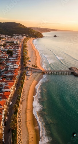 Coastal Townscape With Golden Hour Beach And Pier View