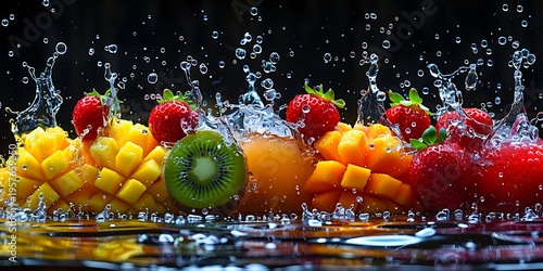 Refreshing tropical fruit juice splash with falling berries and mango