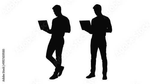 Silhouettes of two men using laptops appearing in a mirrored side by side composition