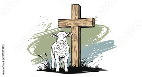 A small white lamb stands directly before a large wooden Christian cross against a backdrop of abstract brush strokes.