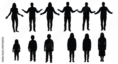 An array of full-body silhouettes representing diverse human figures, including adults and children standing facing forward.